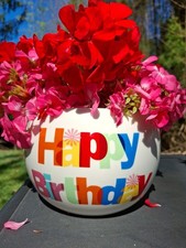 FTD "HAPPY BIRTHDAY" Round Ceramic Colorful Word Planter Vase Candy Bowl 6"
