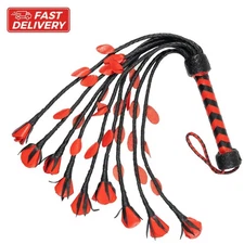 BDSM Genuine Cow Hide Leather Flogger 9 Braided Falls & Red Roses Heavy Duty