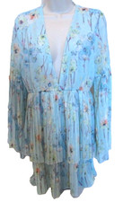 Shein Women's Large Blue Green Floral Pleated Stretch Tiered Ruffle Dress