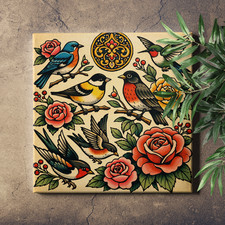 Retro Traditional American Tattoo Flash Vibrant Birds Canvas Art