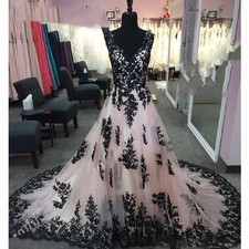 Gothic Black Appliques Wedding Dresses With Train Long Lace V Neck Bridal Gowns