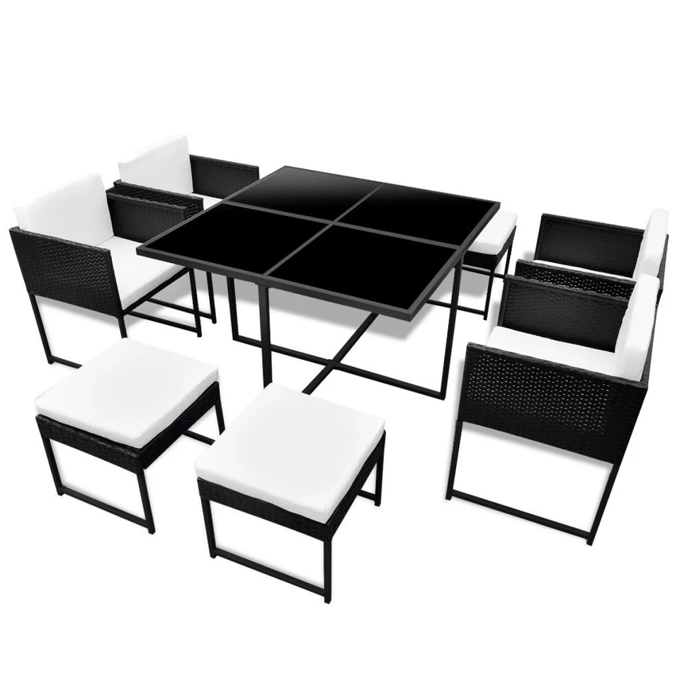 Outdoor Dining Set 9pc Black PE Rattan Powder-Coated Steel Glass 109x109x72cm UK - Image 2 of 4