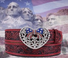 Justin USA Belt     TRUE HEARTLAND Patriotic Heart Leather Size 34 NWT
