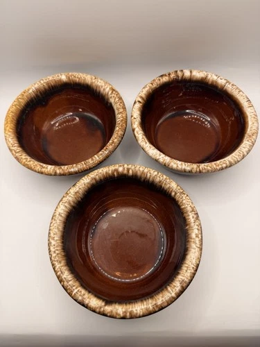 Vintage Hull Oven Proof USA Brown Drip Glaze Ceramic Bowls Set of 3 Mid Century