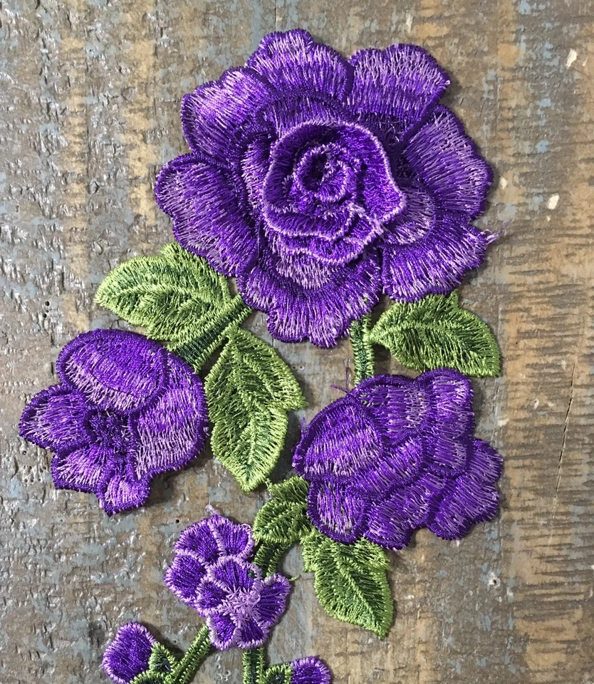 LONG STEM PURPLE ROSE Flower Plant Floral Roses Buds Garden Applique Patch 12X5 - Image 2 of 4