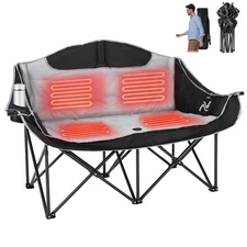 Oversized Heated Double Camping Chair,Fully Padded Camping Bench w/ Carrying Bag