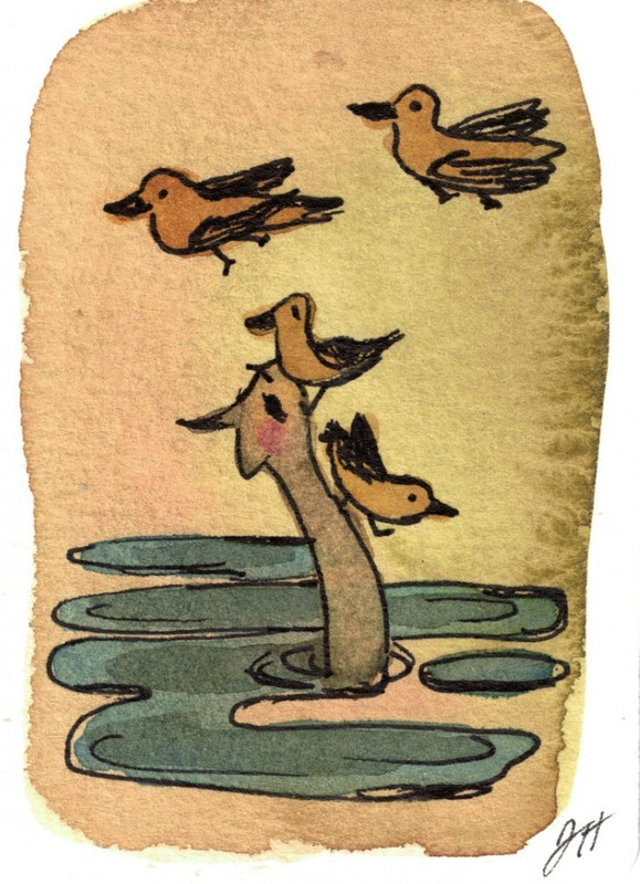 Original ACEO Watercolor Painting Art, Birds and Water,  Artist J. Hincapie