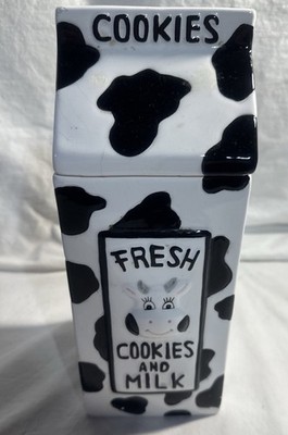 Houston Harvest Fresh Cookies & Milk 1/2 Gallon Milk Carton Cow Spot Cookie Jar