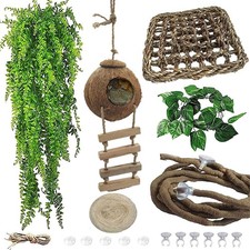 6PCS Crested Gecko Coconut Hut, Lizard Coco Den with Ladder and Reptile Hammo...