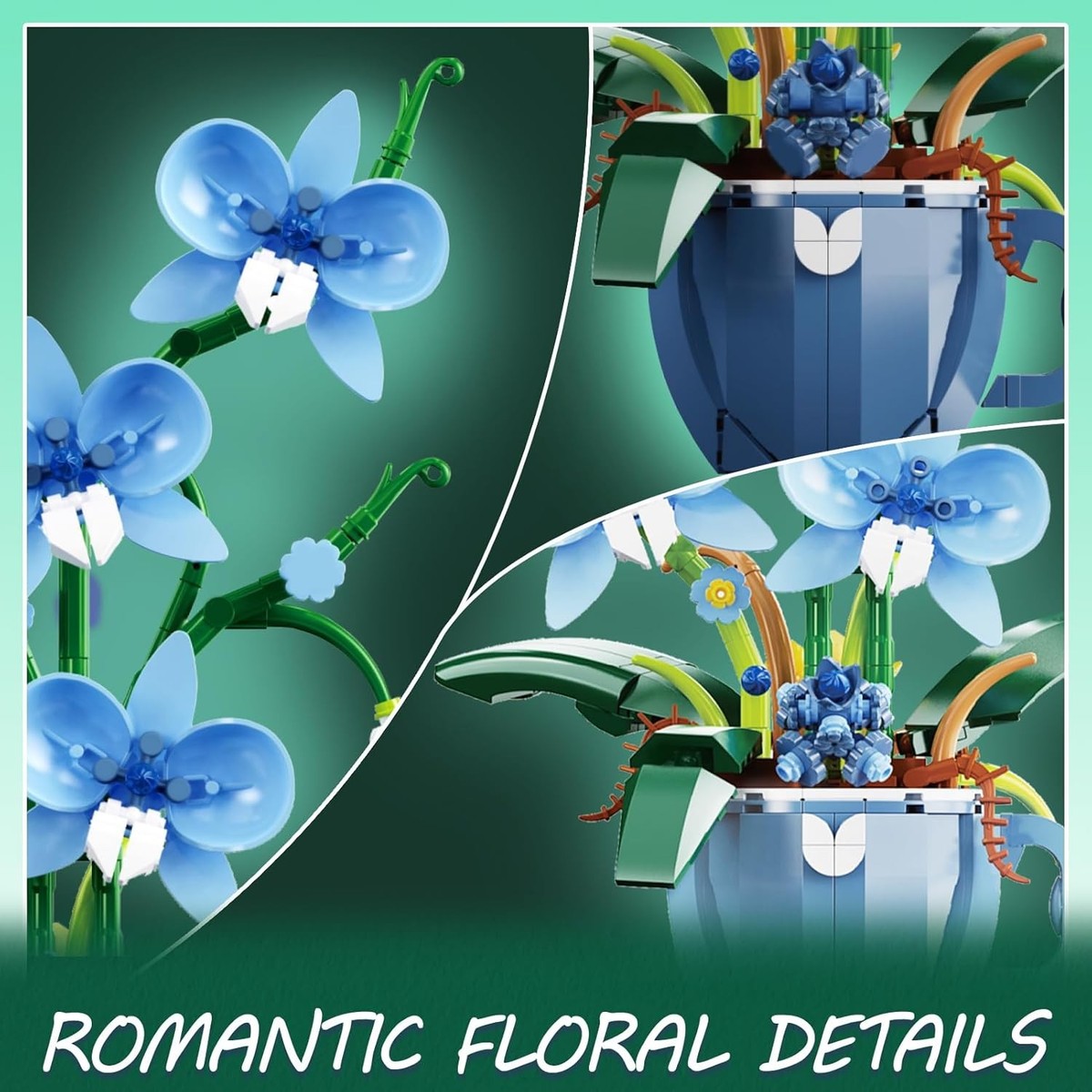 Blue Orchid Flower Building Set with Vase for Adults, Compatible