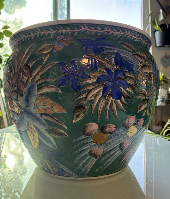 Green Blue White Pink Floral Ceramic Bowl, Round Glossy Finish, 12 in Dia