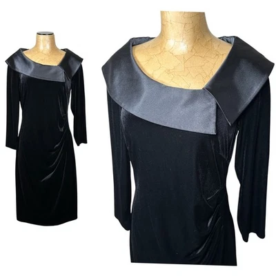 Jessica Howard Black Velvet Satin Portrait Collar Sheath Dress Vamp 12 Goth - Image 1 of 4