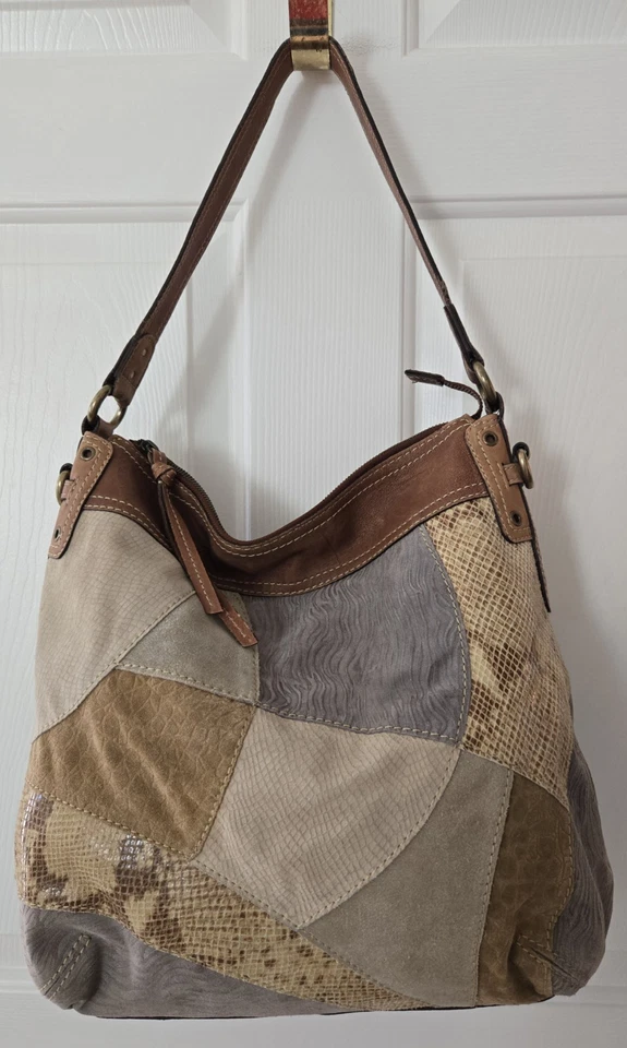 Bolso Hobo Slouchy de Gamuza Fossil Cuero Patchwork Extra Grande Marrón Gris Foto 3 de 4