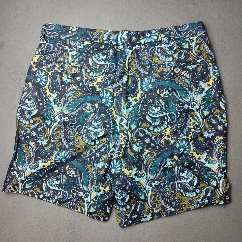 Tasso Elba 短裤男式 33 蓝色绿色黄色 9 英寸佩斯利亚麻休闲海滩夏季 — 第 3/4 张图片