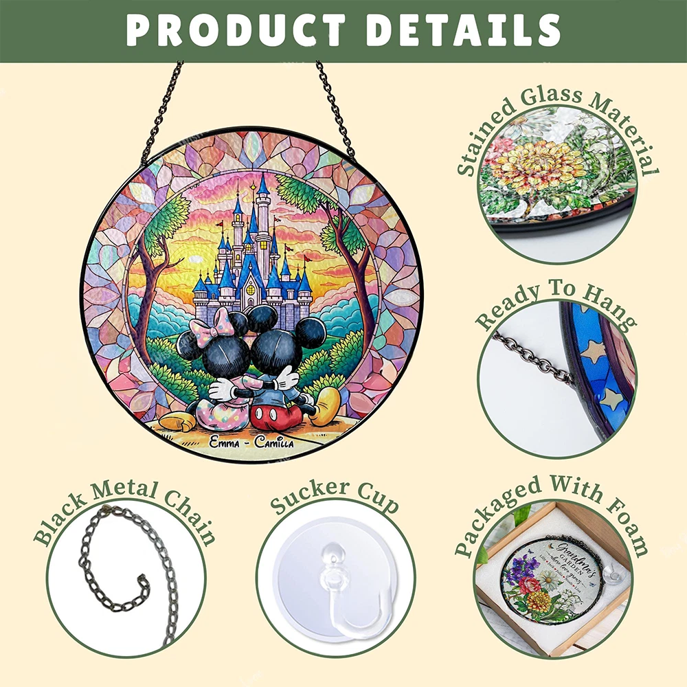 Personalized Mickey Mouse Stained Glass Suncatcher, Custom Couple Name Disney