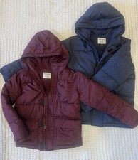 Old Navy Boys Hooded Puffer Jacket L XL Burgundy Navy Lined Full Zip Fleece