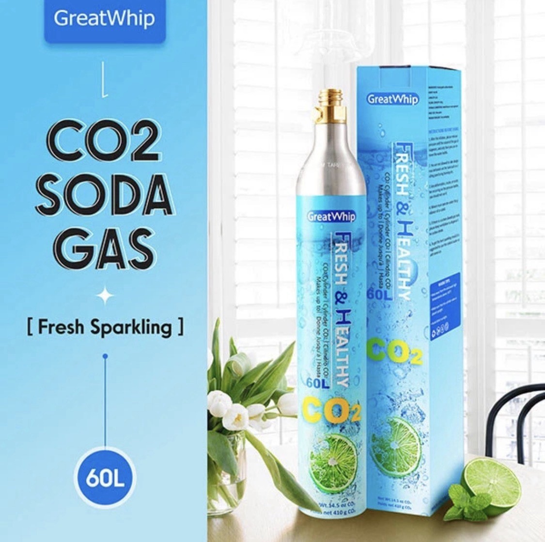 4 Pack Sparkling Water Maker Machine CO2 60L Cylinders for Soda Stream GreatWhip