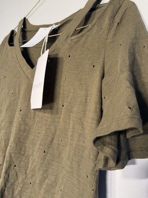 Blushing Heart Olive Green Short Sleeve V-Neck Tee with Distressed Dot Detail