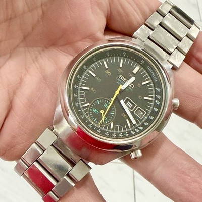 Vintage Seiko Helmet Chronograph 6139-7100 Black Dial Watch AKA Darth Vader RUNS