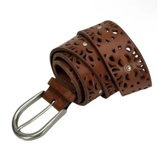 Leather Belt Laser Cut Solid Silver Brass Buckle Studded Floral Design Boho