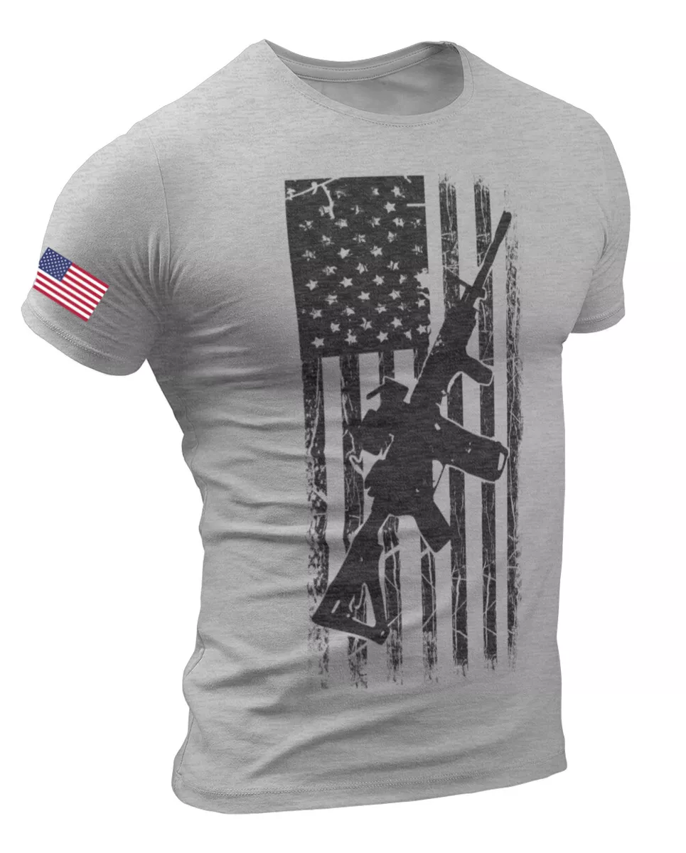 America Gun Flag Men s T Shirt Rifle Flag USA Warrior Military Style T shirt