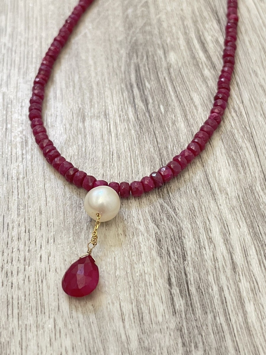 Estate Natural Ruby Pearl 10k Yellow Gold Strand Beaded Drop