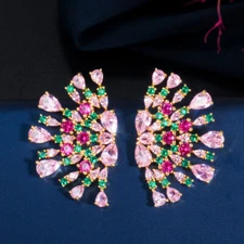 Yellow Gold Plated Multicolor CZ Sector Drop Big Stud Earrings for Women Brides