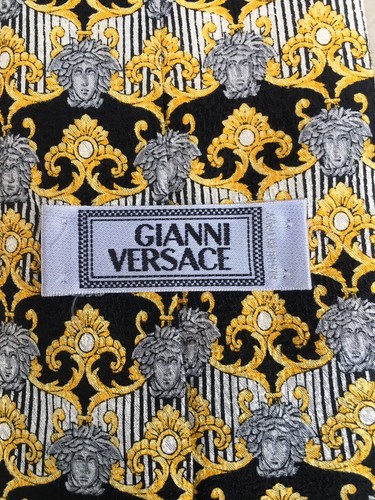 GIANNI VERSACE All Over Medusa Print Silk Tie Silver Gold - Picture 5 of 7