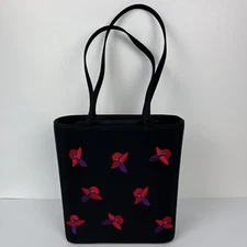 Red Hat Society Black Tote Purse Bag Embroidered Red Purple Hats Rhinestones
