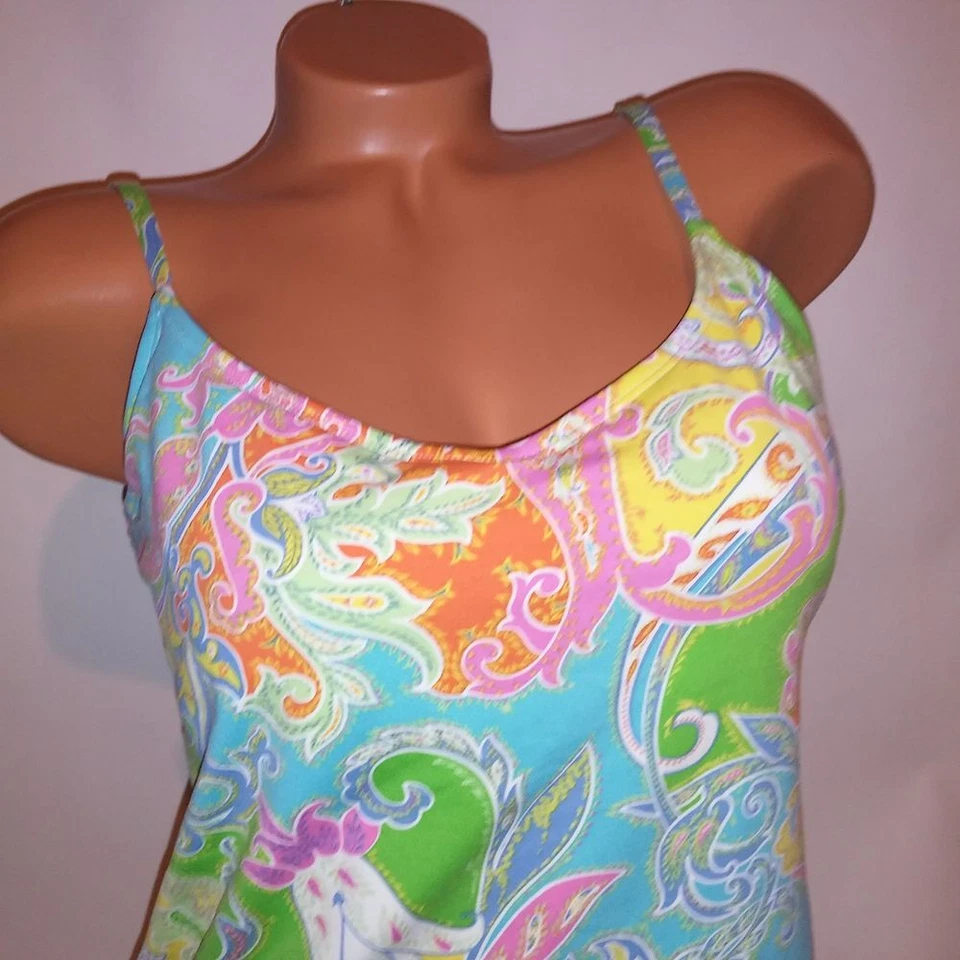 Ralph Lauren Swim Tankini Top Size 14 Green Yellow Pink Paisley Shelf Bra Colorf - Image 3 of 4