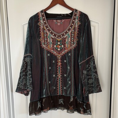John Mark Green Velvet Embroidered Tunic Flared Sleeves Precious Gems Size 3X