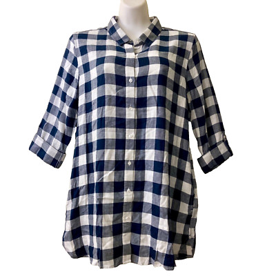 Barbour Baymouth Tunic Shirt Size 8 Lyocell Linen Navy Check Roll Tab Pockets