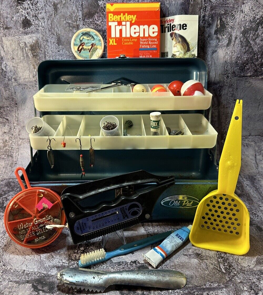 Vintage Blue Old Pal Tackle Box with double trays and Extra Vintage Tackle Items