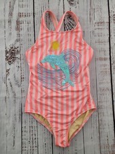 Lands' End Striped Sequin Dolphin Racerback One Piece Bathing Suit Youth 14
