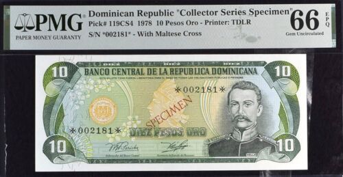 République dominicaine 10 pesos choix #119CS4 1978 spécimen PMG66 EPQ gemme once billet de banque - Photo 1/2