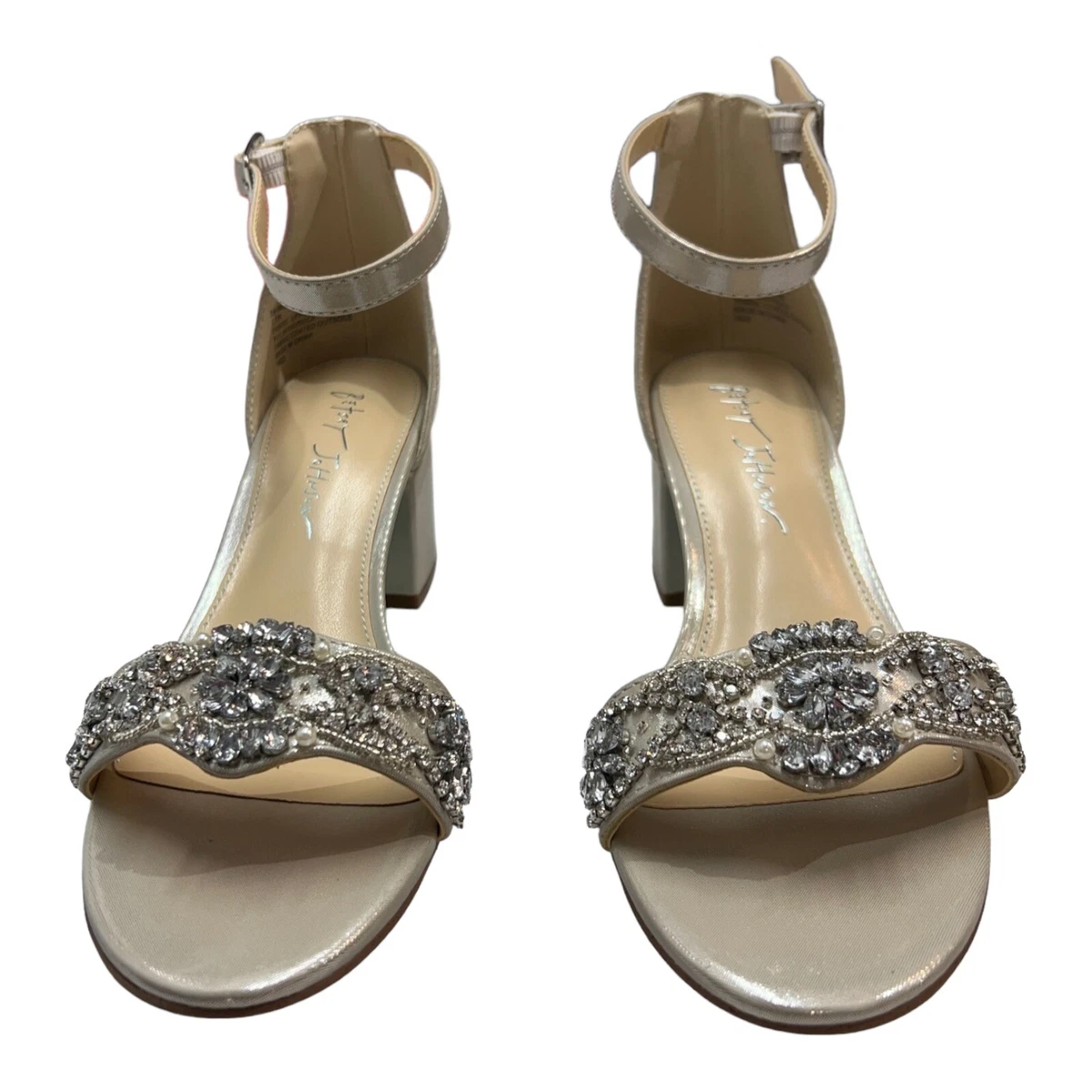Blue by betsey johnson mel bejeweled satin block heel dress sales sandals