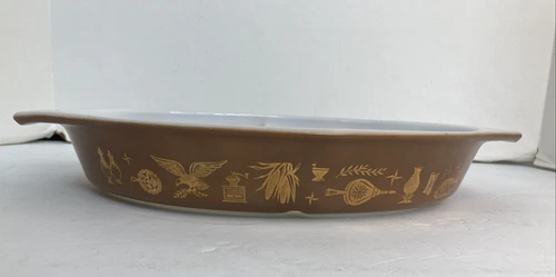 Vintage PYREX EARLY AMERICAN Split Casserole Dish 1 1/2 Quart Brown 22K Gold