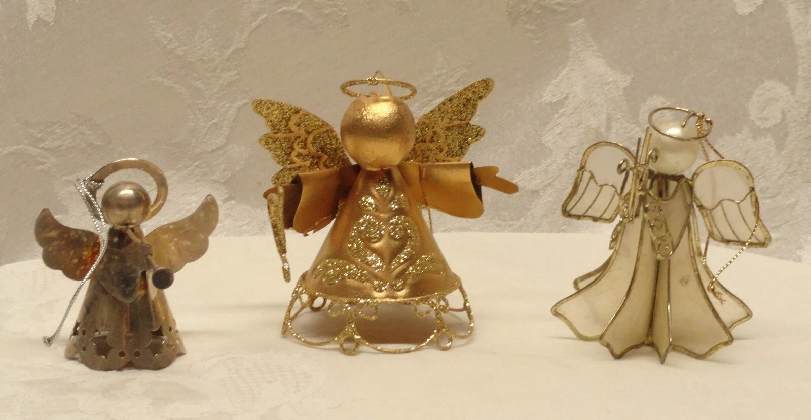 Christmas Angel Ornaments 3 Vtg Stained Glass Gold Silver Horn Halo Harp Capizzi