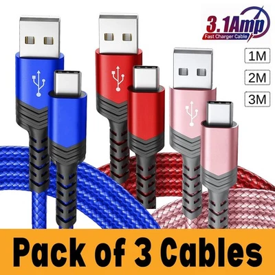 USB A to Type C Cable 3A 66W Fast Charger Braided Long USB C Lead 0.25M 1M 2M 3M - Image 1 of 4