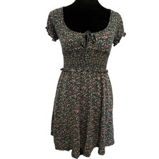 Urban Outfitters Floral Smocked Waist Mini Dress Teal Pink Small Keyhole Boho