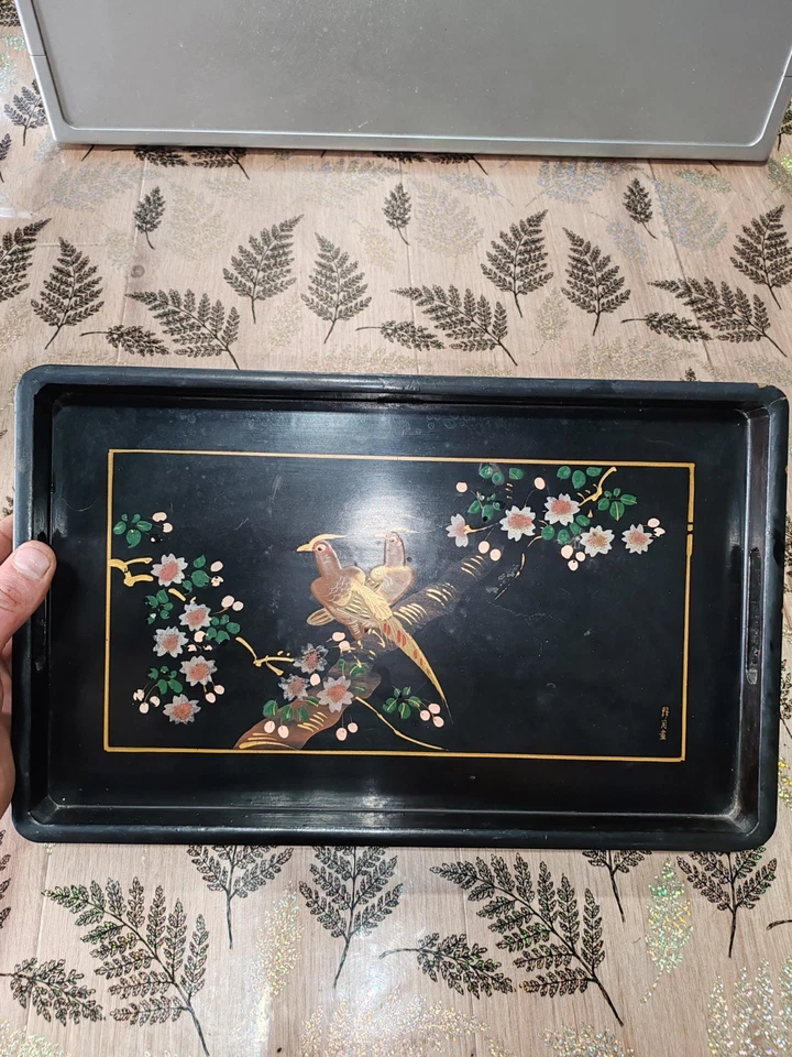 ancien plateau laque noir decor Oiseaux 🐦 Fesant table service Chinois Signé  - Photo 3/4