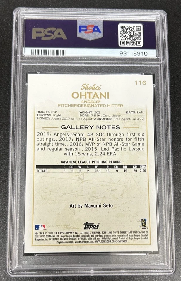 2018 Topps Gallery #116 Shohei Ohtani RC Rookie Gem Mint PSA 10 Still Affordable - Image 2 of 2