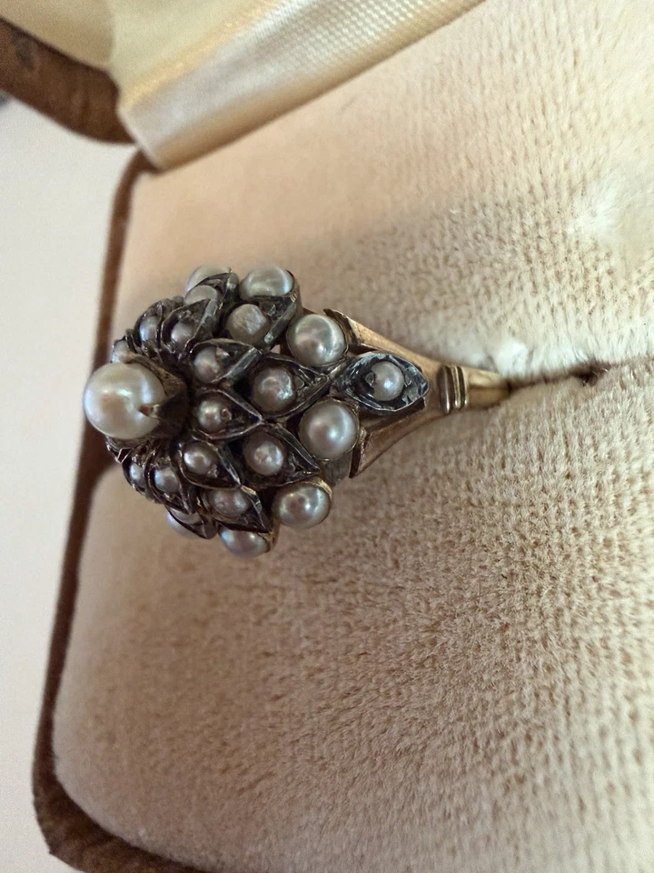 Antique 14k Yellow Gold Pearl Cluster Cocktail Ring - Size 7 - 5.085 Grams - Image 3 of 4