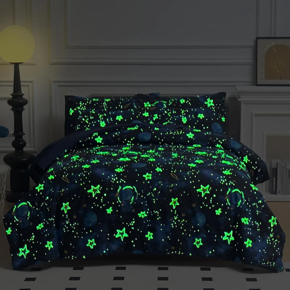Juego de edredón para niños Brilla en la oscuridad espacio ropa de cama doble niños niñas estrellas azules Foto 2 de 4