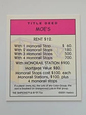 2001 Monopoly The Simpsons Moe's Bar Pink Title Deed Card Game Replacement Part