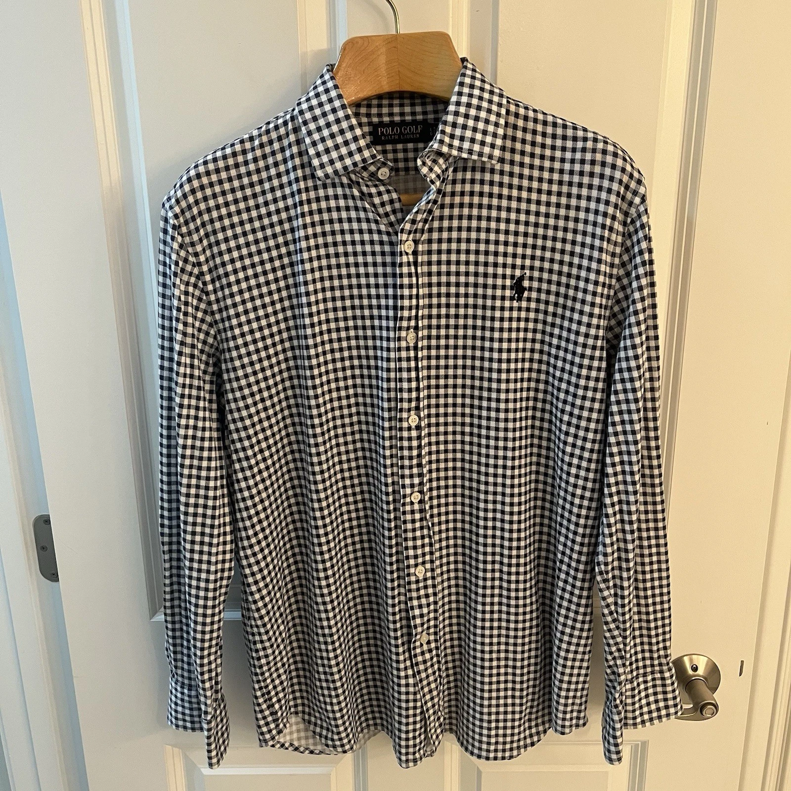 Polo Golf Ralph Lauren Men L Button Up Shirt Blue White Check LS Spread Collar