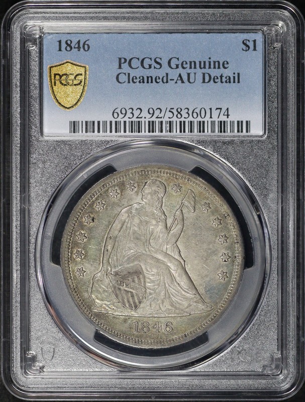 1846 Seated Liberty Dollar PCGS AU Details Cleaned - Blue & Amber Hue Toning!