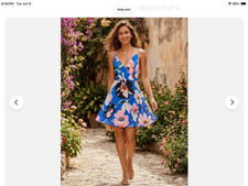NEW EXPRESS BLUE MULTI COLOR FLORAL V NECK SHORT FIT & FLARE DRESS~WOMEN X SMALL