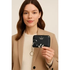 KATE SPADE New York Zip-Around Coin Wallet with Key Ring - Black Floral