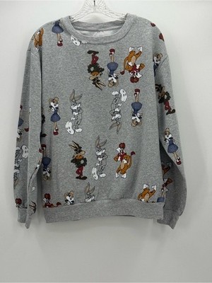 Warner Bros Looney Tunes All Over Print Sweatshirt Vintage Style L Gray Crewneck